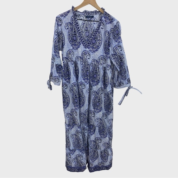 La Plage Blue White Paisley Ruffle Neckline Dress with Pockets Size Large - Picture 1 of 8